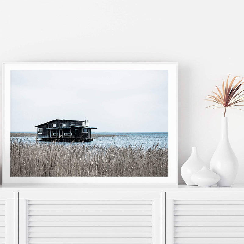 The Boat House-The Paper Tree-beach,boat,boat house,coastal,hamptons,landscape,premium art print,reeds,shore,tall grass,wall art,Wall_Art,Wall_Art_Prints