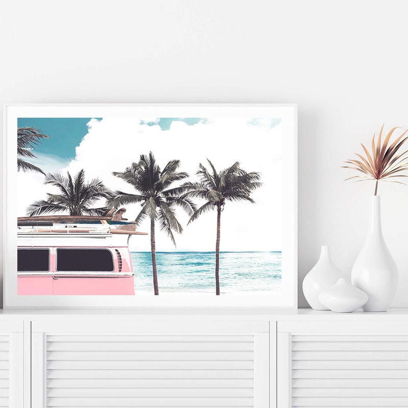 Pink Kombi By The Beach-The Paper Tree-beach,can,car,coast,coastal,combi,combi van,hamptons,kombi,kombie van,landscape,ocean,palm tree,palms,pink,premium art print,surf board,teal,van,wall art,Wall_Art,Wall_Art_Prints