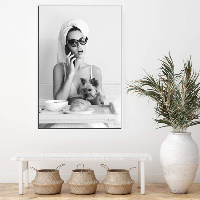 She Must Be French-The Paper Tree-black & white,boho,breakfast,croissant,dog,FASHION,feature female,female,france,french,monochrome,paris,portrait,premium art print,wall art,Wall_Art,Wall_Art_Prints,woman