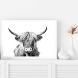 Harper The Highland Cow II-The Paper Tree-animal,black & white,bull,cattle,cow,harper,highland bull,highland cattle,highland cow,landscape,monochrome,nature,premium art print,wall art,Wall_Art,Wall_Art_Prints
