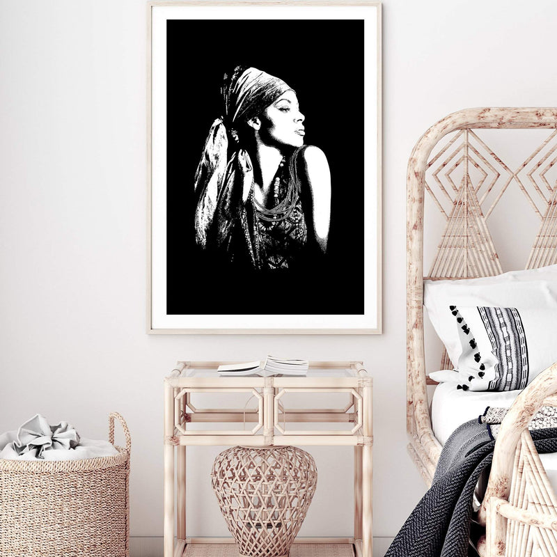 Boho Gypsy Silhouette-The Paper Tree-Abstract,Artwork,black,black & white,BLACK AND WHITE,bohemian,boho,gypsy,gypsy woman,monochrome,portrait,premium art print,tribal,wall art,Wall_Art,Wall_Art_Prints
