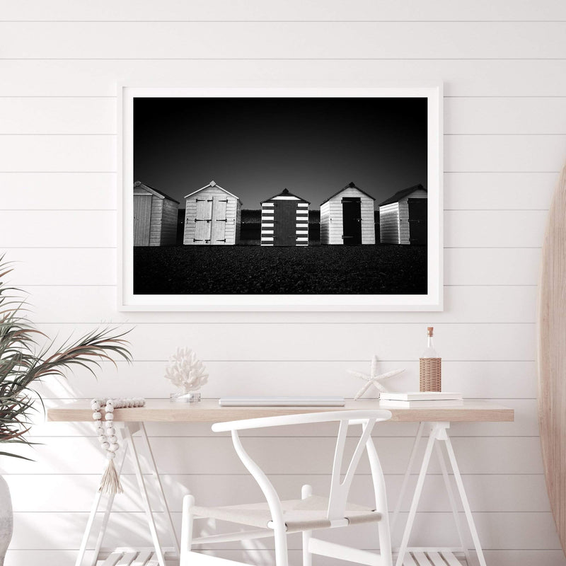 Beach Boat House-The Paper Tree-Art_Prints,Artwork,BEACH,beach cabin,black,black & white,BLACK AND WHITE,BOAT HOUSE,coastal,Designer,hamptons,horizon,landscape,monochrome,monocrome,premium art print,wall art,Wall_Art,Wall_Art_Prints