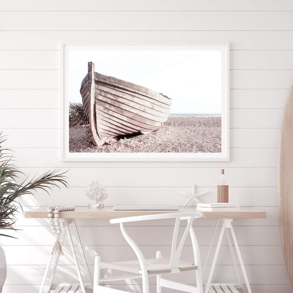 Boat On The Beach-The Paper Tree-beach,boat,boho,coast,coastal,hamptons,landscape,muted tone,NEUTRAL,premium art print,sand,shore,timber boat,wall art,Wall_Art,Wall_Art_Prints,wood