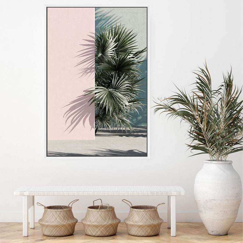 Palms Edge II-The Paper Tree-abstract,america,architecture,boho,building,coastal,green,lines,minimalist,palm frond,palm springs,pink,plam,plam tree,portrait,premium art print,retro,scandi,vintage,wall art,Wall_Art,Wall_Art_Prints