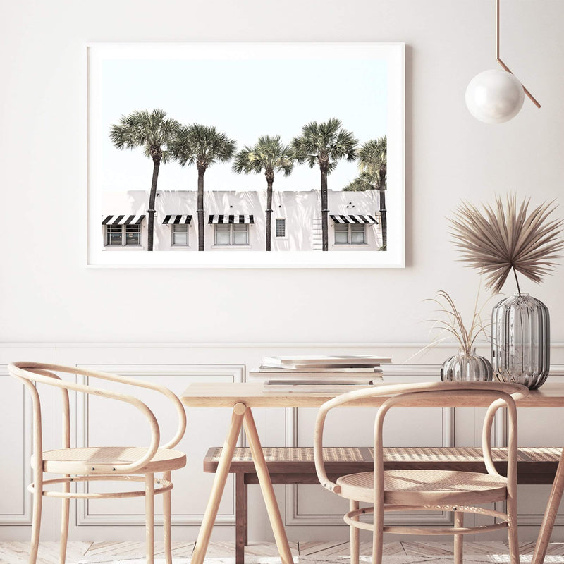 Palms On The Strip-The Paper Tree-ARCHITECTURE,blue,boho,DESIGNER,hamptons,landscape,MIAMI,OLD BUILDING,PALM,PALM TREE,PALMS,premium art print,Vintage,vintage wall art,wall art,Wall_Art,Wall_Art_Prints,white