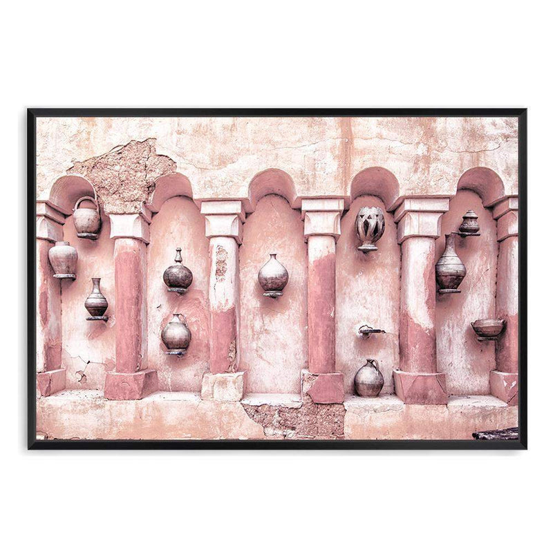 Moroccan Temple-The Paper Tree-arch,arches,architecture,boho,landscape,moroccan,morocco,orange,pastel,pastel pink,pink,pots,premium art print,tan,temple,wall art,Wall_Art,Wall_Art_Prints