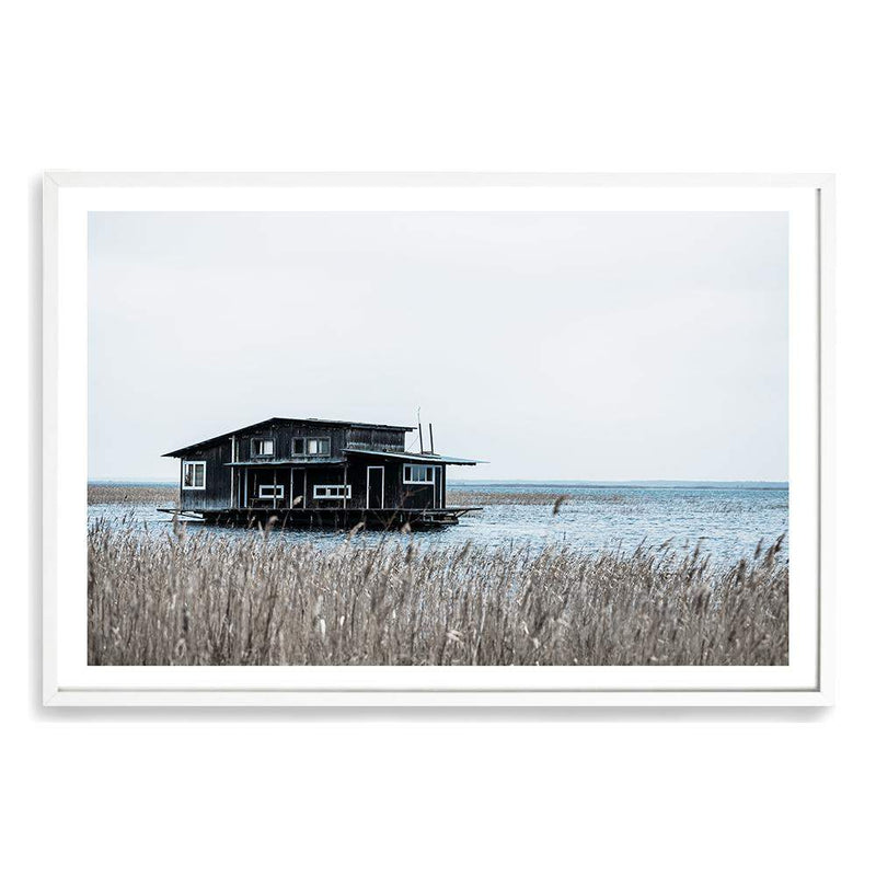 The Boat House-The Paper Tree-beach,boat,boat house,coastal,hamptons,landscape,premium art print,reeds,shore,tall grass,wall art,Wall_Art,Wall_Art_Prints
