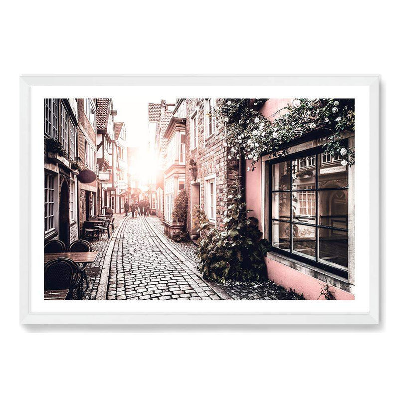 European Sunset-The Paper Tree-alley,alleyway,architecture,building,cafe,europe,european,france,french,landscape,paris,pastel,pink,premium art print,road,romantic,street,sunset,wall art,Wall_Art,Wall_Art_Prints