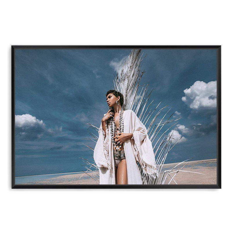 Tribal Woman In White-The Paper Tree-blue,bohemian,boho,feature,gypsy,landscape,palm frond,premium art print,tribal,wall art,Wall_Art,Wall_Art_Prints,white,woman