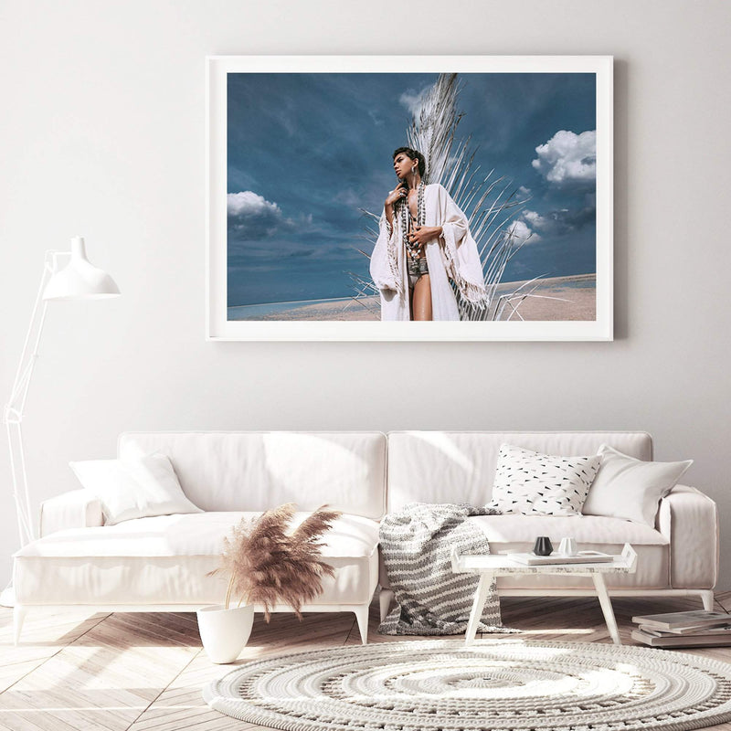 Tribal Woman In White-The Paper Tree-blue,bohemian,boho,feature,gypsy,landscape,palm frond,premium art print,tribal,wall art,Wall_Art,Wall_Art_Prints,white,woman