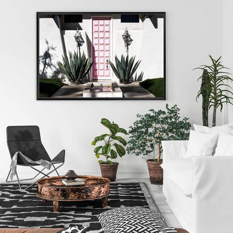 Palm Springs Pink Door-The Paper Tree-architecture,building,cactus,california,home,house,mid centrury,palm,palm springs,palm tree,pink,pink door,premium art print,property,retro,slim aarons,succulent,vintage,wall art,Wall_Art,Wall_Art_Prints,white