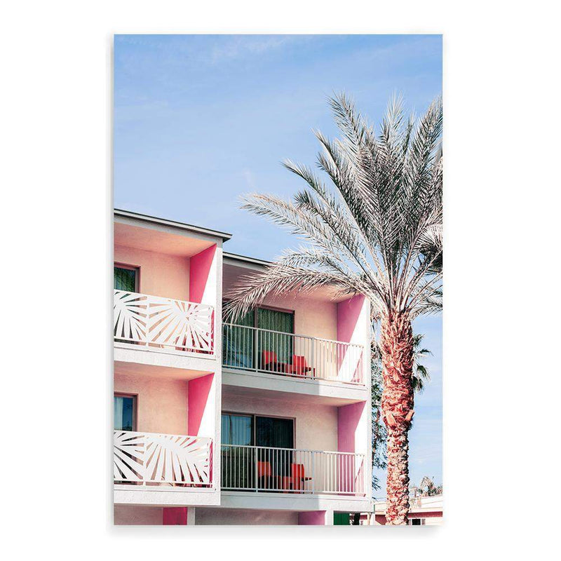 Palm Springs Hotel-The Paper Tree-america,architecture,blue,building,california,colourful,hotel,house,mid century,midcentury,motel,palm,palm springs,pink,portrait,premium art print,property,resort,retro,slim aarons,wall art,Wall_Art,Wall_Art_Prints,yellow