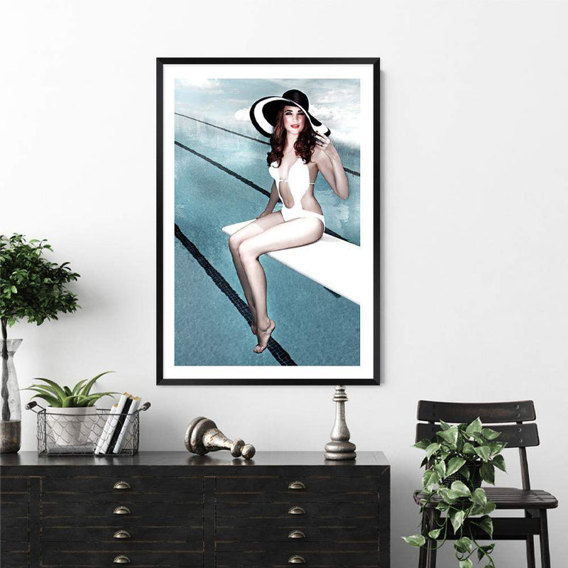 Pool Side-The Paper Tree-bathing suit,beautiful woman,hamptons,hat,palm springs,pool,pool side,portrait,premium art print,retro,vintage,wall art,Wall_Art,Wall_Art_Prints,woman