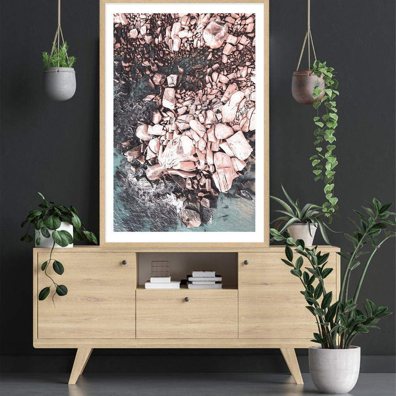 Ocean Rocks III-The Paper Tree-aerial,beach,coast,coastal,hamptons,muted tone,ocean,peach,pink,Portrait,premium art print,rocks,teal,wall art,Wall_Art,Wall_Art_Prints,water