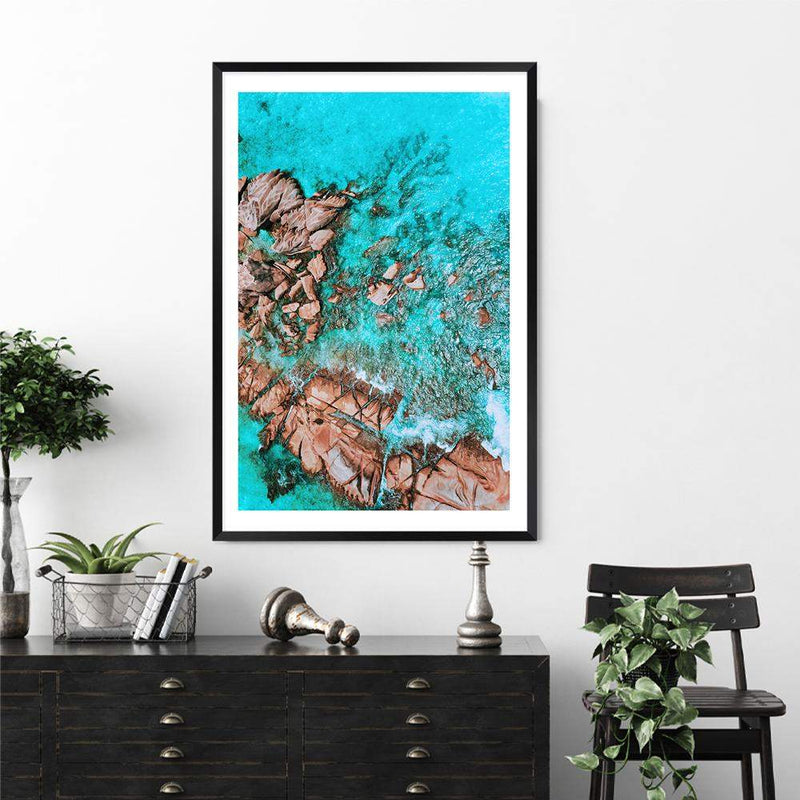 Teal Ocean Rocks IIII-The Paper Tree-aerial,beach,coast,coastal,hamptons,ocean,portrait,premium art print,rocks,teal,wall art,Wall_Art,Wall_Art_Prints,water