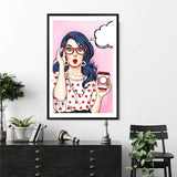 I'm Shocked But Coffee Pop-The Paper Tree-blue,cartoon,coffee,colourful,comic,eclectic,pink,pop art,portrait,premium art print,unique,wall art,Wall_Art,Wall_Art_Prints,woman