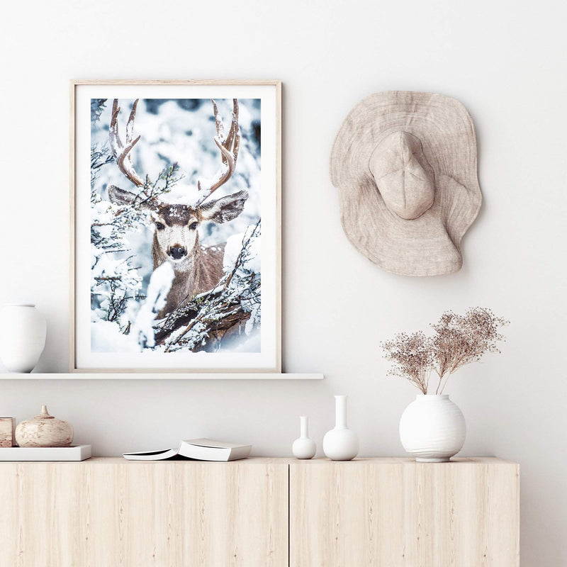 Deer In The Forest-The Paper Tree-animal,blue,christmas,deer,elk,forest,nature,portrait,premium art print,stag,TAN,trees,wall art,Wall_Art,Wall_Art_Prints,white,woods,xmas