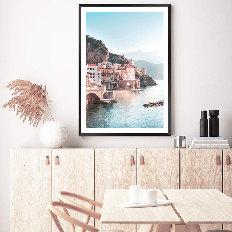Amalfi City | Amalfi Coast-The Paper Tree-Amalfi,amalfi city,amalfi coast,architecture,blue,boho,building,city,coast,coastline,italy,ocean,pastel,pink,portrait,premium art print,teal,town,village,wall art,Wall_Art,Wall_Art_Prints,water