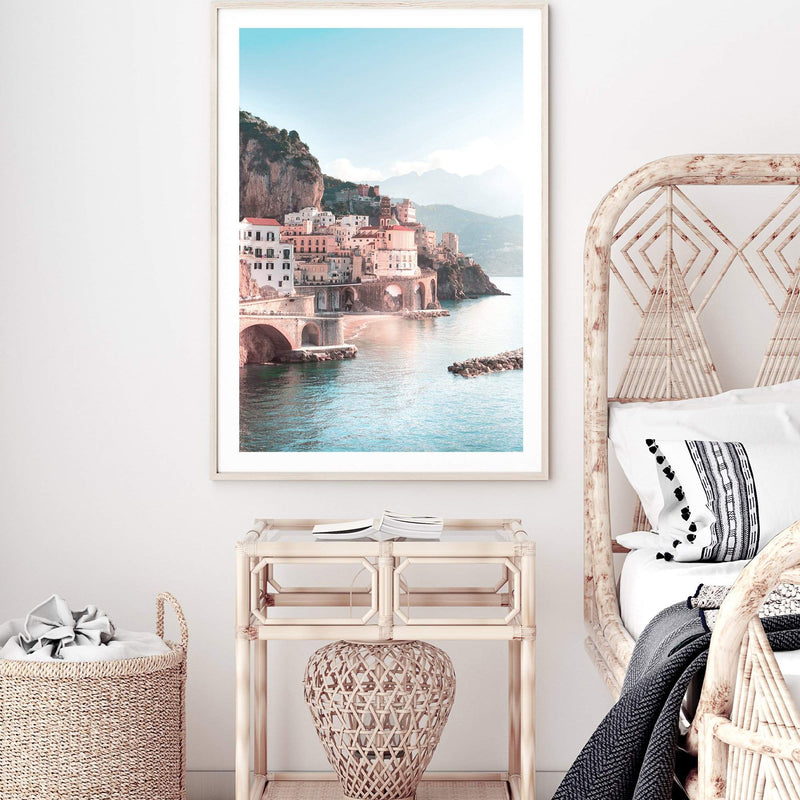 Amalfi City | Amalfi Coast-The Paper Tree-Amalfi,amalfi city,amalfi coast,architecture,blue,boho,building,city,coast,coastline,italy,ocean,pastel,pink,portrait,premium art print,teal,town,village,wall art,Wall_Art,Wall_Art_Prints,water