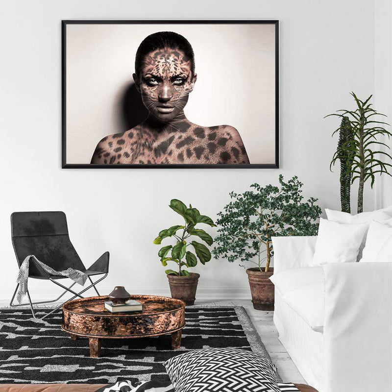 The Leopard Queen Canvas-The Paper Tree-animal print,beautiful woman,cat,feature art,feature female,female,landscape,leopard,leopard print,premium art print,tan,wall art,Wall_Art,Wall_Art_Prints,woman