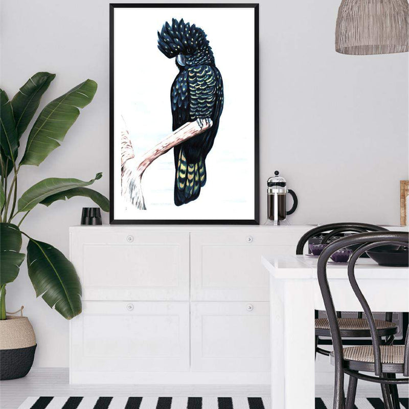Black Cockatoo III-The Paper Tree-animal,australian,australian native,bird,black,black cockatoo,blue,blue cockatoo,cockatoo,hamptons,painted,painted print,perch,portait,premium art print,wall art,Wall_Art,Wall_Art_Prints
