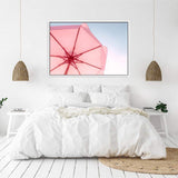 Pink Umbrella-The Paper Tree-beach,blue,coast,coastal,colourful,landscape,parasol,pink,pink umbrella,premium art print,teal,umbrella,vibrant,wall art,Wall_Art,Wall_Art_Prints