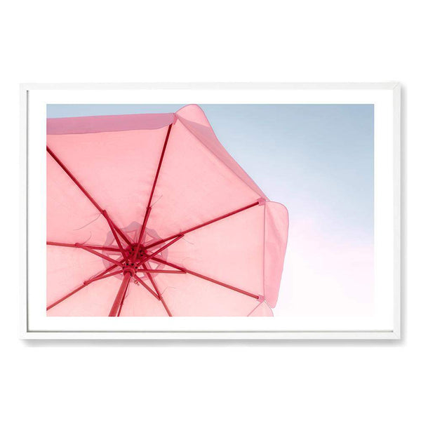 Pink Umbrella-The Paper Tree-beach,blue,coast,coastal,colourful,landscape,parasol,pink,pink umbrella,premium art print,teal,umbrella,vibrant,wall art,Wall_Art,Wall_Art_Prints