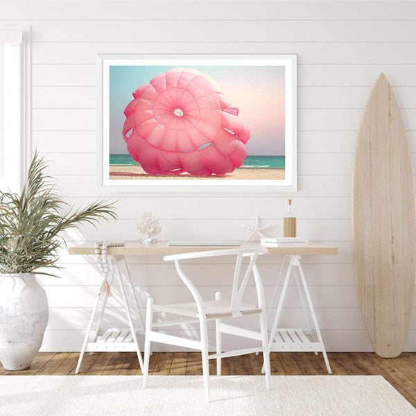 Pink Parachute-The Paper Tree-beach,coast,coastal,colourful,designer,hamptons,landscape,ocean,parachute,pink,premium art print,teal,vibrant,wall art,Wall_Art,Wall_Art_Prints