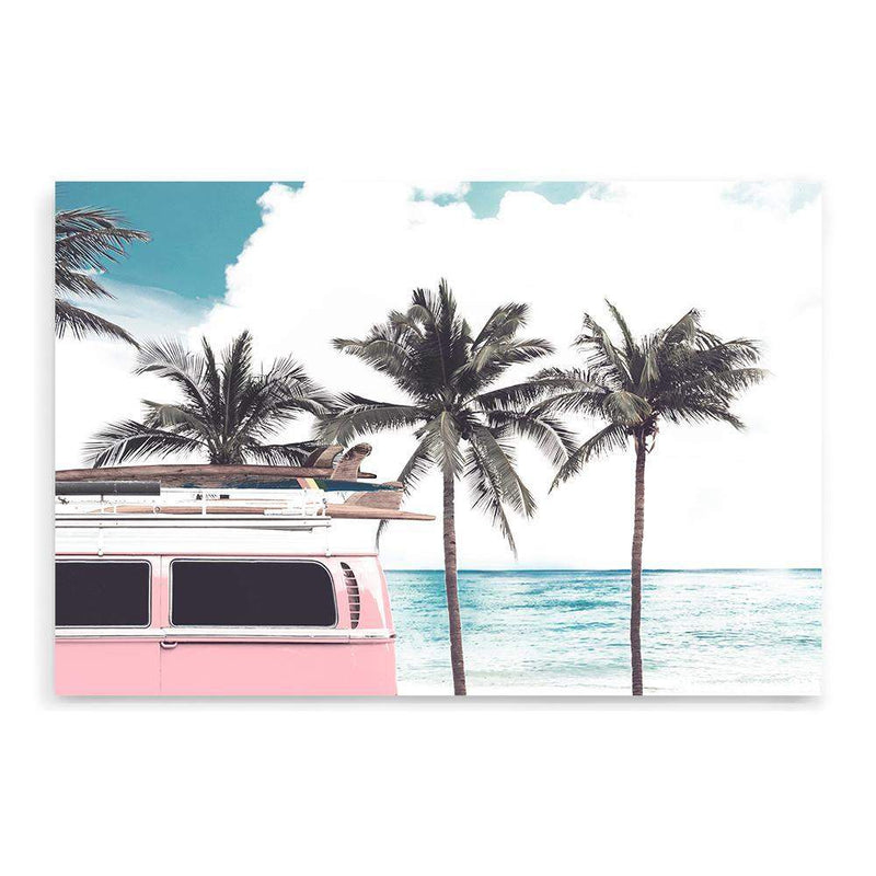 Pink Kombi By The Beach-The Paper Tree-beach,can,car,coast,coastal,combi,combi van,hamptons,kombi,kombie van,landscape,ocean,palm tree,palms,pink,premium art print,surf board,teal,van,wall art,Wall_Art,Wall_Art_Prints