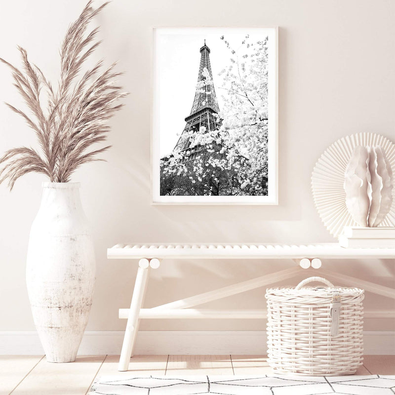 Paris in Spring II-The Paper Tree-architecture,black & white,BLACK AND WHITE,cherry blossom,cherry tree,city,eiffel tower,floral,flower,france,french,monochrome,paris,portrait,premium art print,romantic,spring,view,wall art,Wall_Art,Wall_Art_Prints