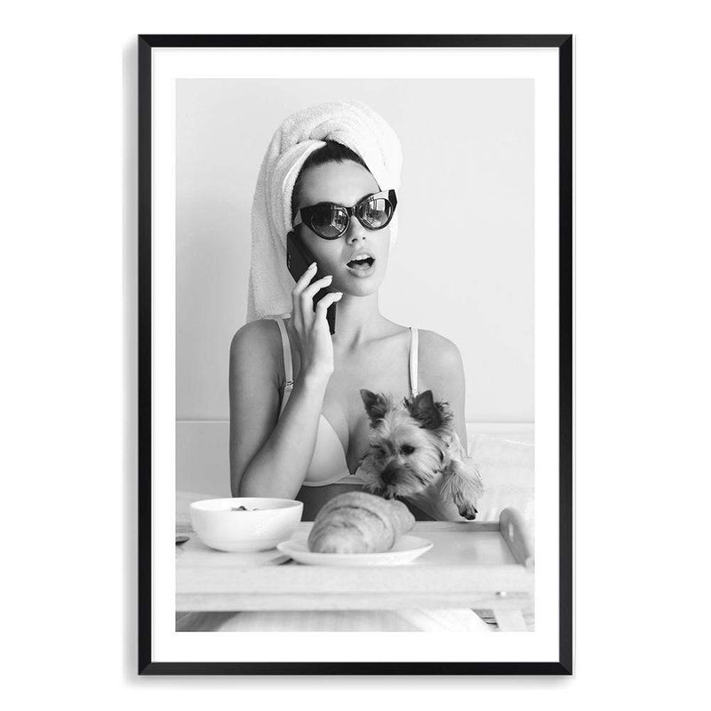 She Must Be French-The Paper Tree-black & white,boho,breakfast,croissant,dog,FASHION,feature female,female,france,french,monochrome,paris,portrait,premium art print,wall art,Wall_Art,Wall_Art_Prints,woman