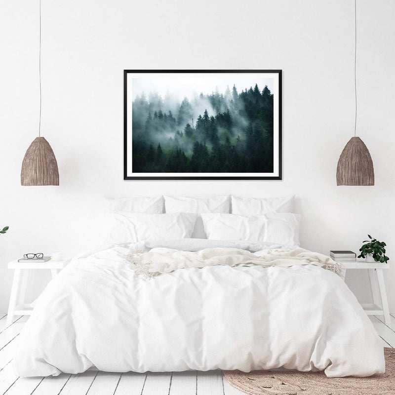 Misty Pine Forest Trees-The Paper Tree-america,australia,botanical,enchanting,forest,green,landscape,mist,mountains,nature,pine forest,pine trees,premium art print,tree,trees,wall art,Wall_Art,Wall_Art_Prints
