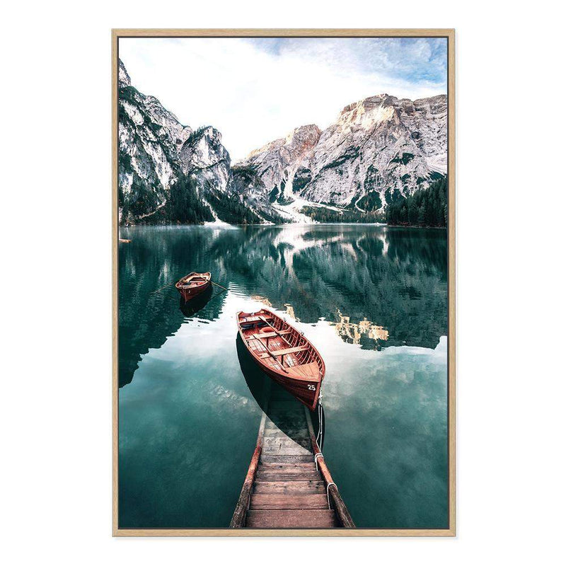 Boats In Braies Lake-The Paper Tree-boats,braies lake,clear water,dolomites,evironment,green,italy,jetty,lake,mountain,nature,pine forest,pine trees,portrait,premium art print,reflective,relection,scenery,TAN,teal,travel,wall art,Wall_Art,Wall_Art_Prints,water