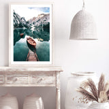 Boats In Braies Lake-The Paper Tree-boats,braies lake,clear water,dolomites,evironment,green,italy,jetty,lake,mountain,nature,pine forest,pine trees,portrait,premium art print,reflective,relection,scenery,TAN,teal,travel,wall art,Wall_Art,Wall_Art_Prints,water