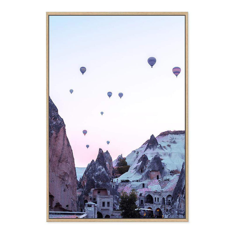 Balloons Over Cappadocia-The Paper Tree-architecture,balloons,cappodocia,city,destination,horizon,hot air balloons,mountains,pink,portrait,premium art print,purple,sunset,town,travel,turkey,villa,wall art,Wall_Art,Wall_Art_Prints