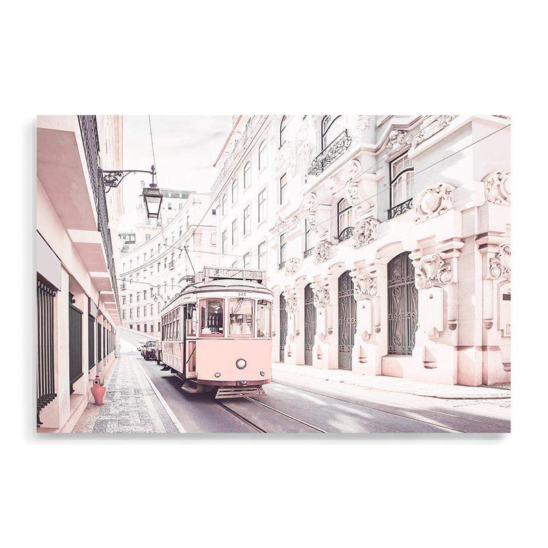 Pink Tram-The Paper Tree-alley,architectural,architecture,building,city,destination,fashion,landscape,lane,lisbon,pastel,peach,pink,portugal,premium art print,road,street,tram,travel,wall art,Wall_Art,Wall_Art_Prints
