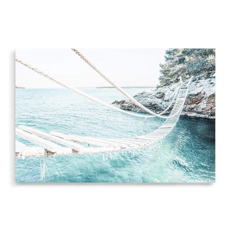 Coastal Rope Bridge-The Paper Tree-beach,boho,bridge,coast,coastal,hamptons,island,isle,landscape,ocean,premium art print,rope bridge,teal,wall art,Wall_Art,Wall_Art_Prints,water