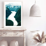 Scandi Mountain River-The Paper Tree-BLUE,evironment,green,lake,mountain,MOUNTAIN RIVER,nature,portrait,premium art print,reflective,RIVER,SCANDI,scenery,STREAM,teal,travel,wall art,Wall_Art,Wall_Art_Prints,water