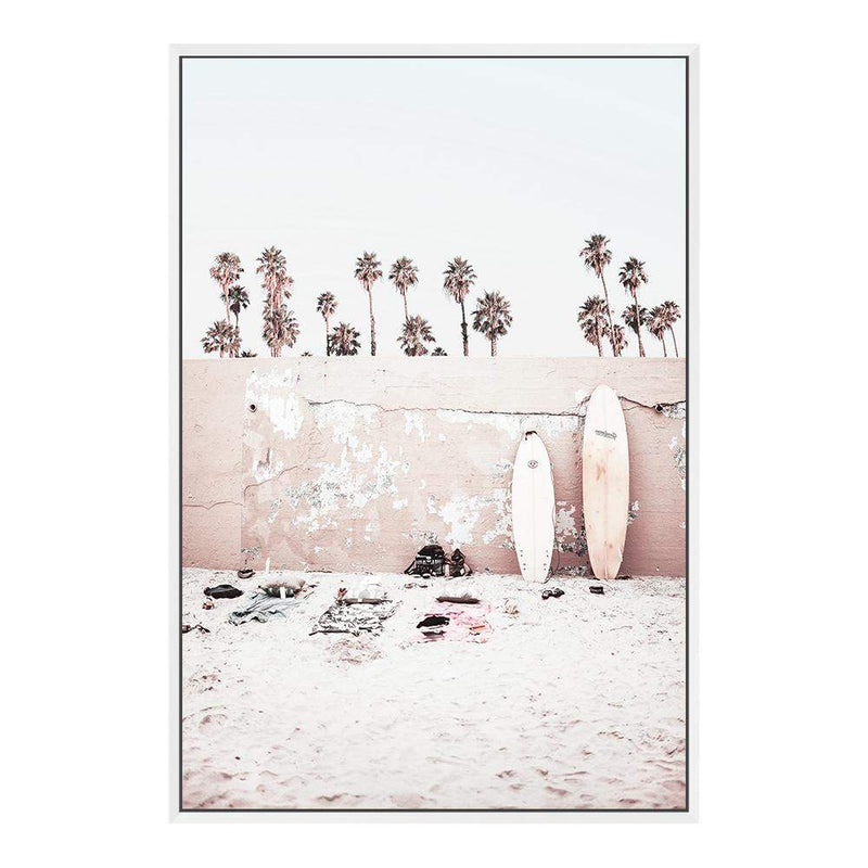 Coastal Surf Beach-The Paper Tree-beach,boho,bright,coast,coastal,day,hamptons,hawaii,light,neutral,palm,palm tree,pastel,peach,pink,portrait,premium art print,sky,surf,surf board,surfer,tropical,wall art,Wall_Art,Wall_Art_Prints