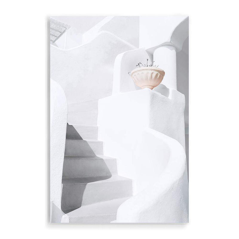 White stairs In Santorini-The Paper Tree-architecture,boho,buildings,city,europe,greece,greek,ocea,oia,portrait,pot,premium art print,santorini,travel,urn,view,wall art,Wall_Art,Wall_Art_Prints,water,white