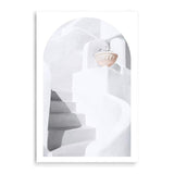 White stairs In Santorini (Arch)-The Paper Tree-architecture,boho,buildings,city,europe,greece,greek,ocea,oia,portrait,pot,premium art print,santorini,travel,urn,view,wall art,Wall_Art,Wall_Art_Prints,water,white