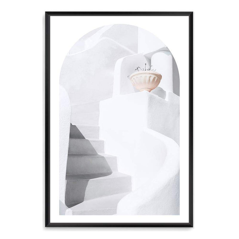 White stairs In Santorini (Arch)-The Paper Tree-architecture,boho,buildings,city,europe,greece,greek,ocea,oia,portrait,pot,premium art print,santorini,travel,urn,view,wall art,Wall_Art,Wall_Art_Prints,water,white
