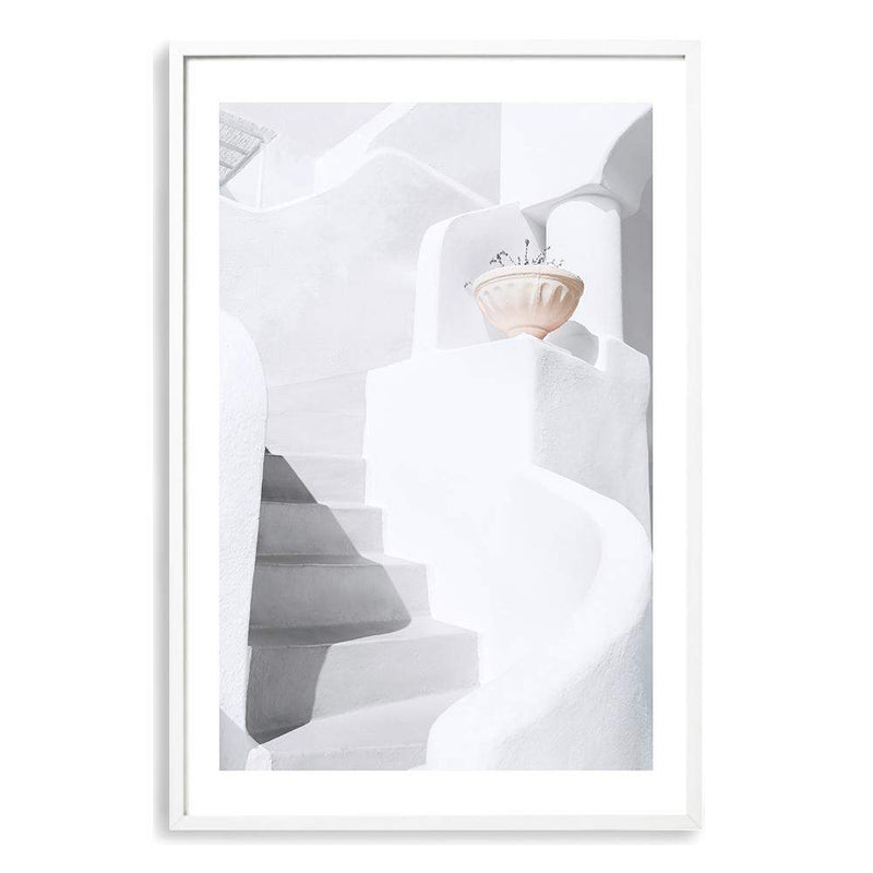White stairs In Santorini-The Paper Tree-architecture,boho,buildings,city,europe,greece,greek,ocea,oia,portrait,pot,premium art print,santorini,travel,urn,view,wall art,Wall_Art,Wall_Art_Prints,water,white