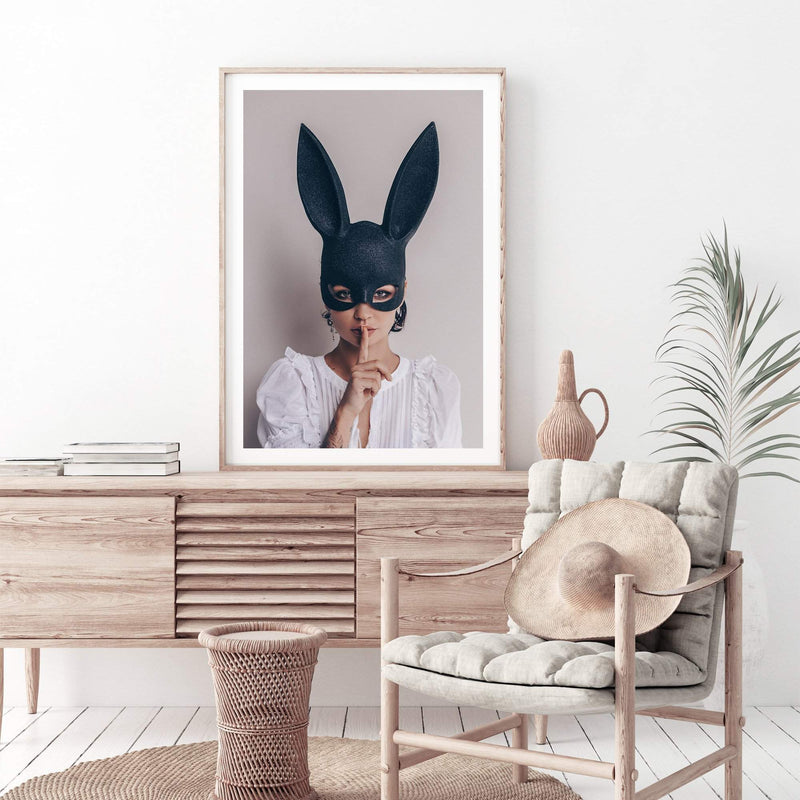 The Secret Bunny-The Paper Tree-Artwork,boho,bunny,bunny mask,eclectic,edgy,fashion,female,mask,neutral,portrait,premium art print,wall art,Wall_Art,Wall_Art_Prints,woman in bunny mask