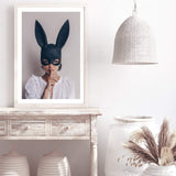 The Secret Bunny-The Paper Tree-Artwork,boho,bunny,bunny mask,eclectic,edgy,fashion,female,mask,neutral,portrait,premium art print,wall art,Wall_Art,Wall_Art_Prints,woman in bunny mask