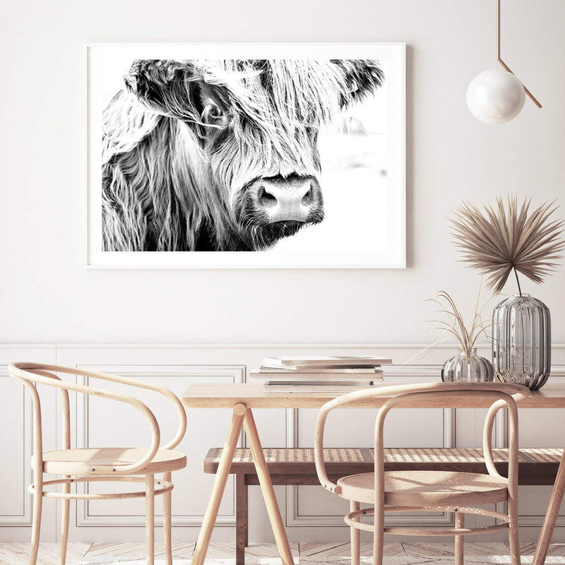 Henderson The Highland Cow II-The Paper Tree-animal,black & white,BLACK AND WHITE,bull,cattle,cow,henderson,highland bull,highland cattle,highland cow,landscape,monochrome,nature,premium art print,wall art,Wall_Art,Wall_Art_Prints