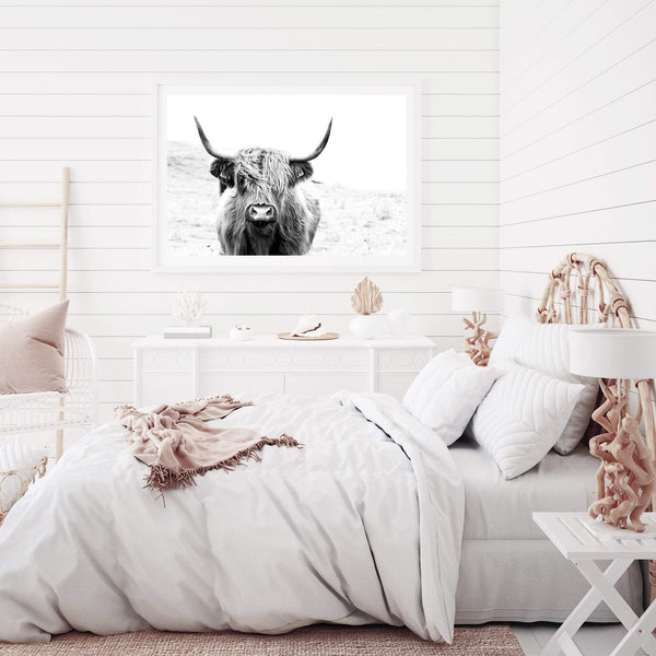Harvey The Highland Cow II-The Paper Tree-animal,black & white,bull,cattle,cow,harvey,highland bull,highland cattle,highland cow,landscape,monochrome,nature,premium art print,wall art,Wall_Art,Wall_Art_Prints