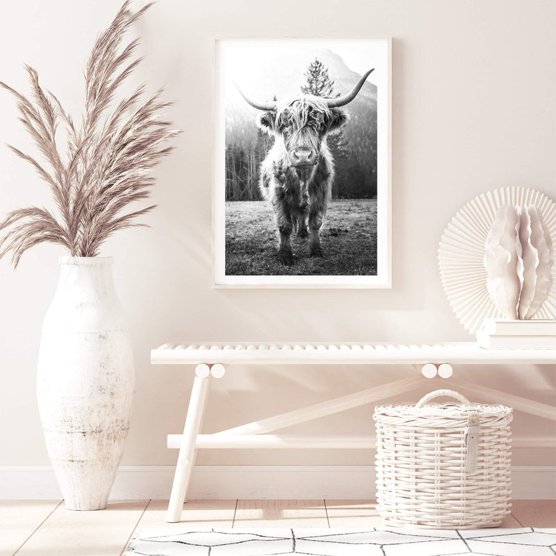 Humphry The Highland Cow II-The Paper Tree-Artwork,black & white,black and white,bohemian,boho,highland bull,highland cattle,highland cow,monochrome,nature,portrait,premium art print,wall art,Wall_Art,Wall_Art_Prints