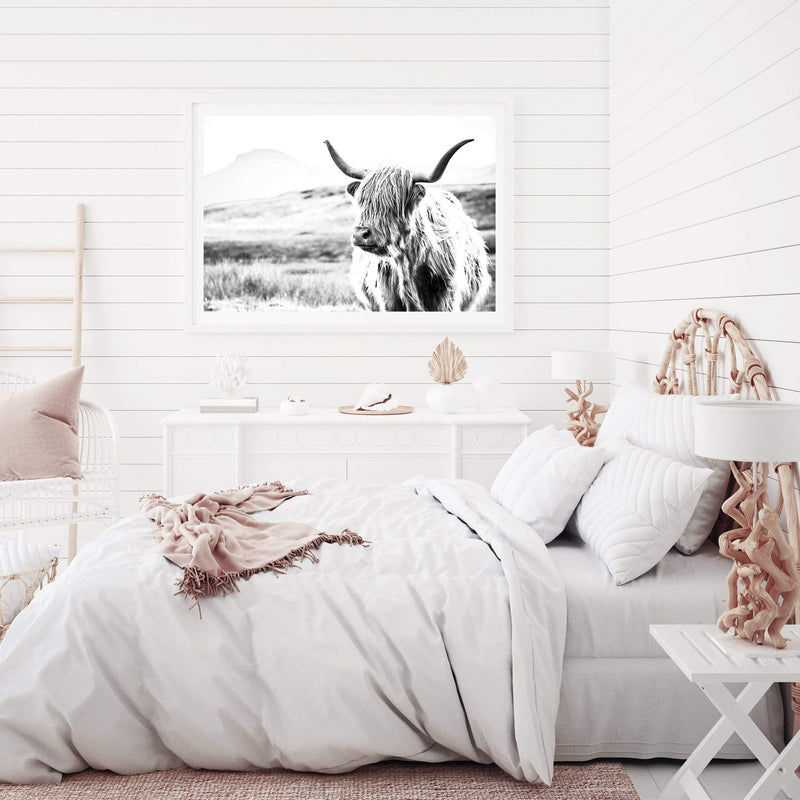 Hamish The Highland Cow II-The Paper Tree-black & white,BLACK AND WHITE,bull,cattle,cow,highland,highland bull,highland cattle,highland cow,landscape,monochrome,nature,premium art print,wall art,Wall_Art,Wall_Art_Prints