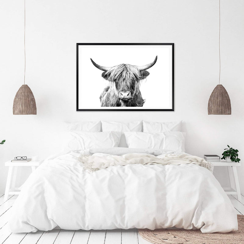 Harper The Highland Cow II-The Paper Tree-animal,black & white,bull,cattle,cow,harper,highland bull,highland cattle,highland cow,landscape,monochrome,nature,premium art print,wall art,Wall_Art,Wall_Art_Prints
